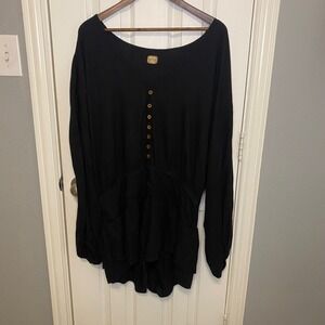 Free People Free-est Romper Womens XL Black Linen Blend Long Sleeve Button Front